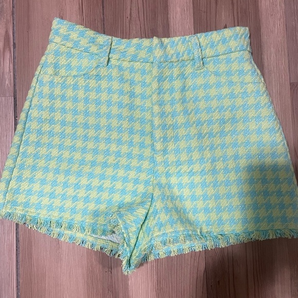 Zara High Waist Neon Green and Sky Blue Tweed Shorts - Picture 3 of 8
